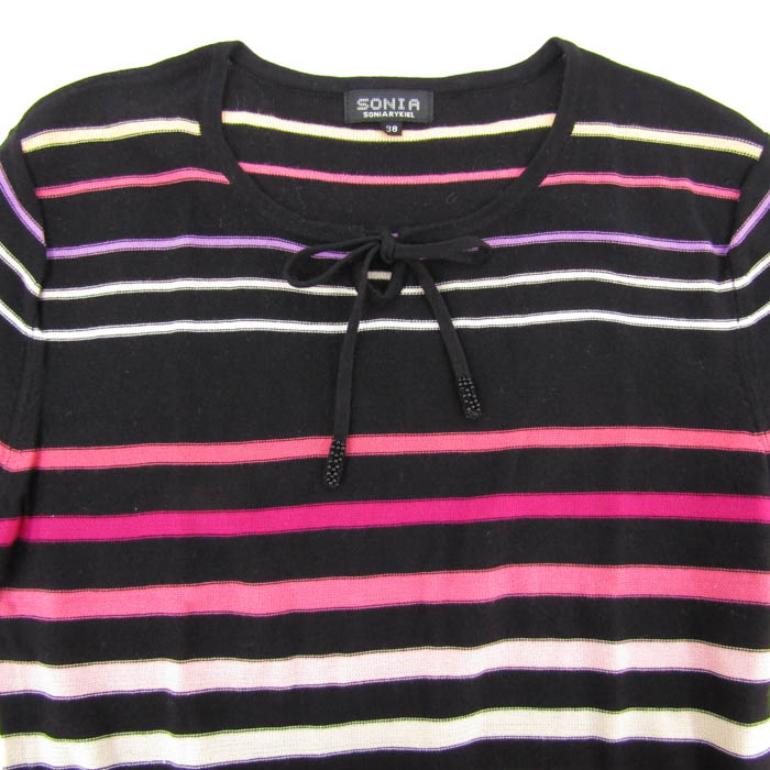 ソニアリキエル ニット 半袖 ボーダー トップス レディース 38サイズ ブラック×ピンク×イエロー系 Sonia Rykiel ソニアリキエル ニット 半袖 ボーダー トップス レディース 38