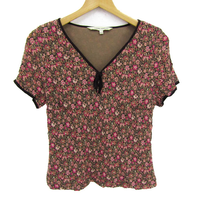 ローラ アシュレイ LAURA ASHLEY 花柄 半袖 ロング ワンピース 13 サイズ XL 大きい ベージュ 黒 Aライン 総柄 フラワープリント 