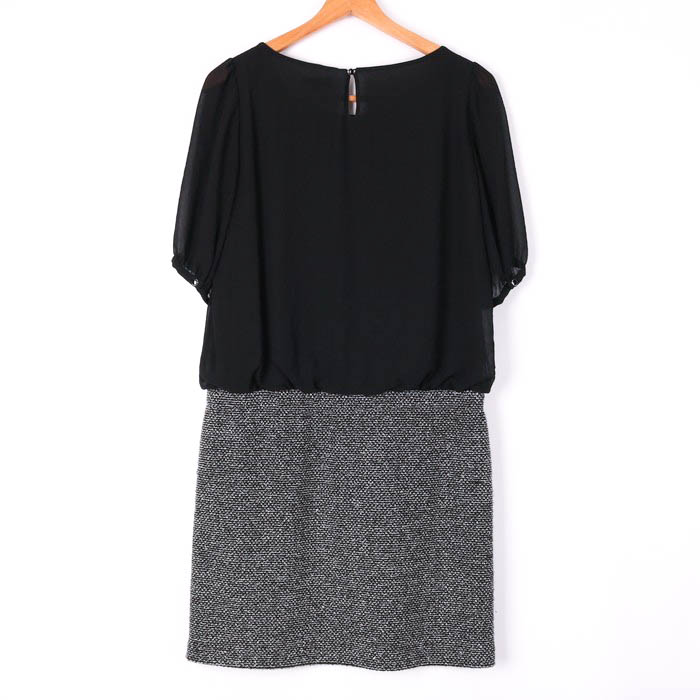 インディヴィ 7分袖ワンピース 切替 シフォン/ツイード ラウンドネック  