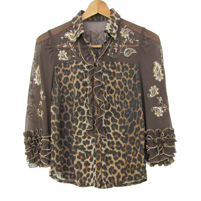 伊太利屋 長袖シャツ トップス シアーブラウス レオパード柄 日本製