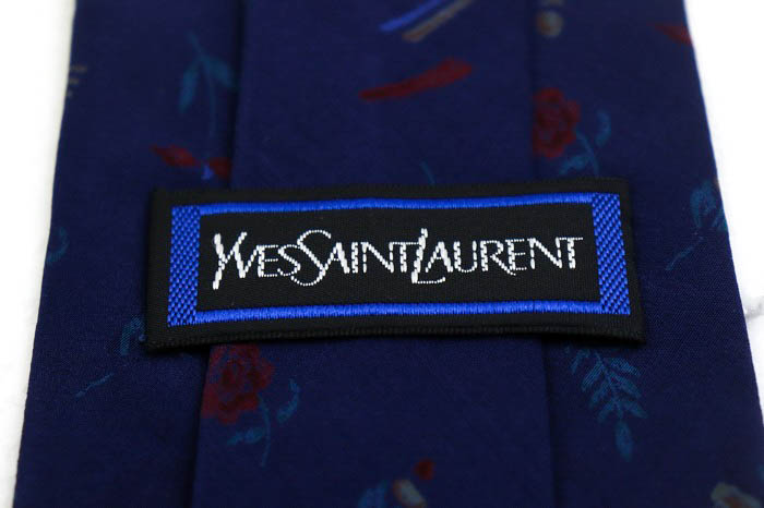 イヴ・サンローラン ブランドネクタイ YSL 総柄 花柄 リーフ柄 シルク イタリア製 メンズ ネイビー YVES SAINT LAURENT 【中古】