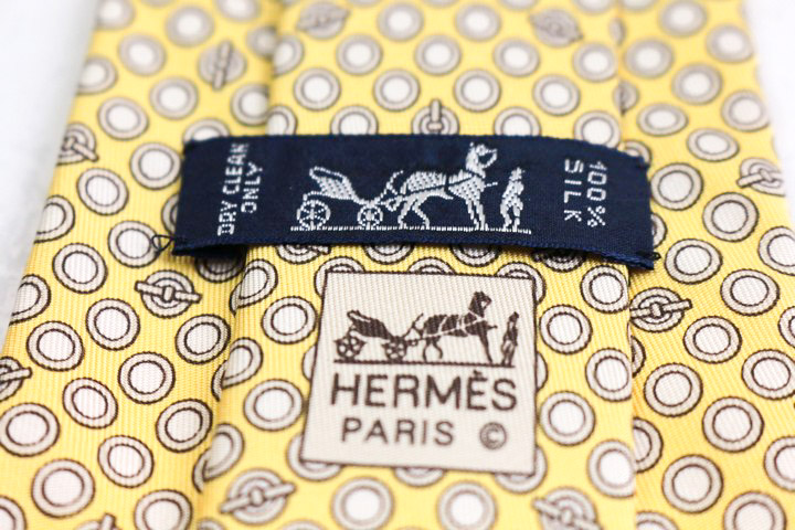 HERMES エルメス ネクタイ ドット柄 イエロー エルメス ブランド ネクタイ ドット 小紋柄 シルク フランス製