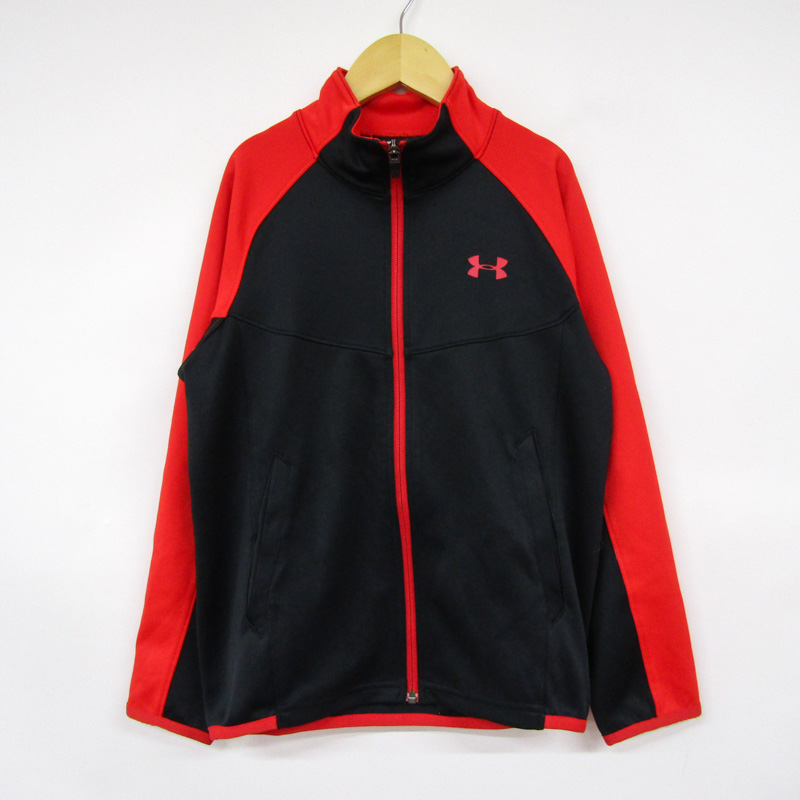 アンダーアーマー 長袖ジャージ ジップアップ スポーツウエア キッズ 男の子用 YSMサイズ ブラック×レッド UNDER ARMOUR 【中古】