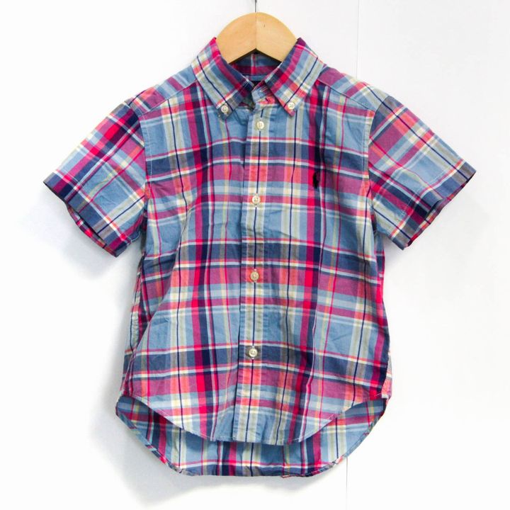 ラルフローレン 半袖シャツ トップス チェック柄 ボタンダウン キッズ 男の子用 3/3T 100/56サイズ 青×ピンク RALPH LAUREN  【中古】｜RALPH LAUREN｜店舗買取｜ママ＆ベビー＞その他ベビーウェア｜USEDのアパレル通販サイト - SMASELL（スマセル）