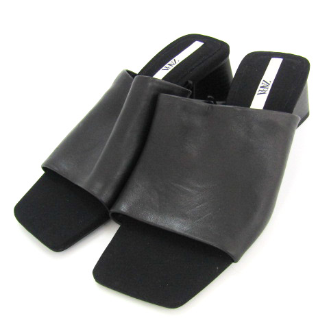 ザラ ミュール スクエアトゥ チャンキーヒール サンダル 靴 黒