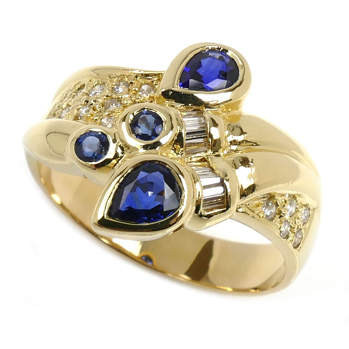 K18YG イエローゴールド リング・指輪 サファイア0.78ct/0.19ct ダイヤモンド0.29ct 21号 8.1g 大きいサイズ レディース【中古】