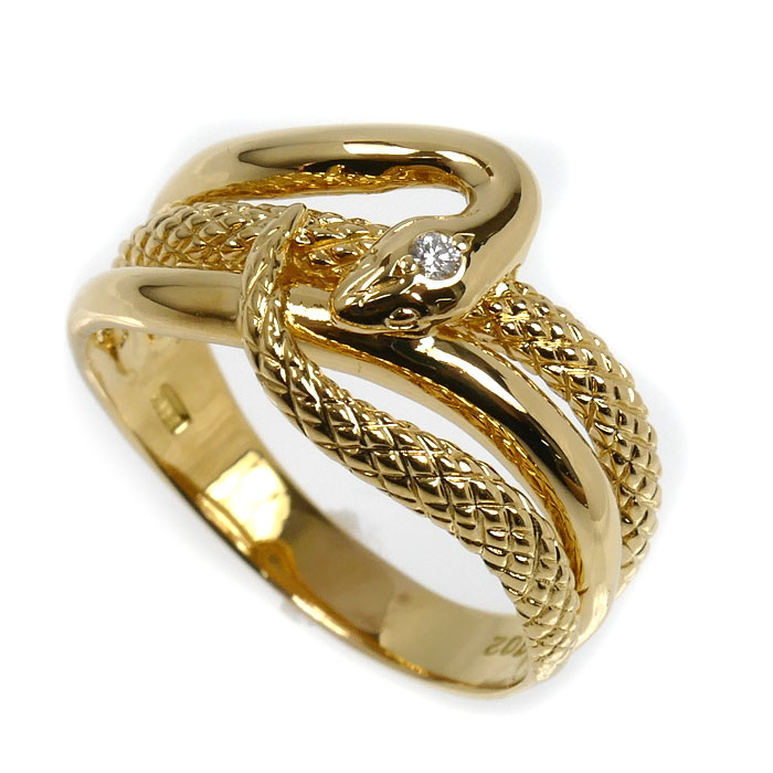 K18YG イエローゴールド スネーク リング・指輪 ダイヤモンド0.02ct 15号 4.3g 蛇  ヘビ レディース【中古】