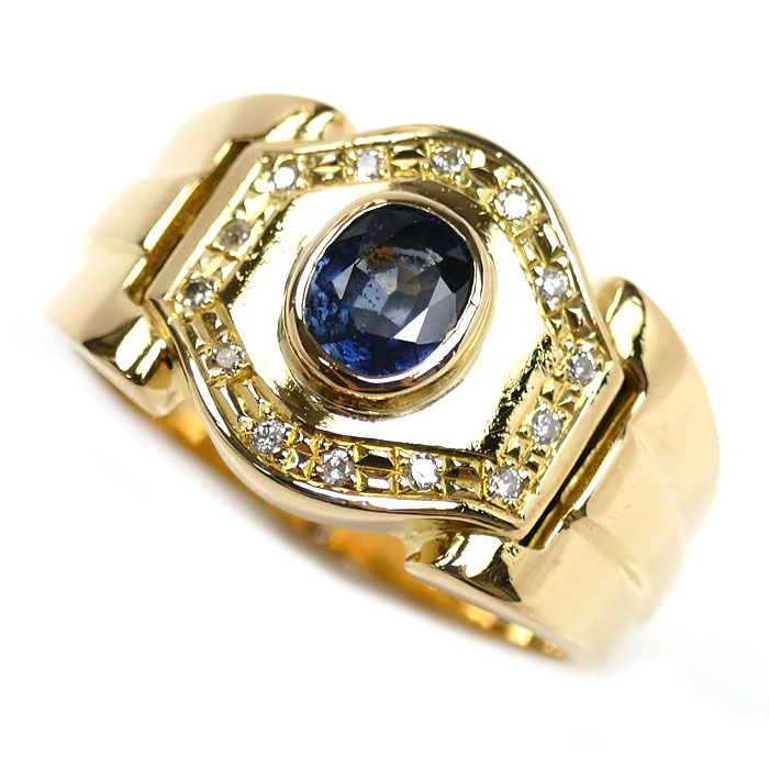 K18YG イエローゴールド リング・指輪 サファイア0.80ct ダイヤモンド0.10ct 20号 10.8g メンズ【中古】【美品】