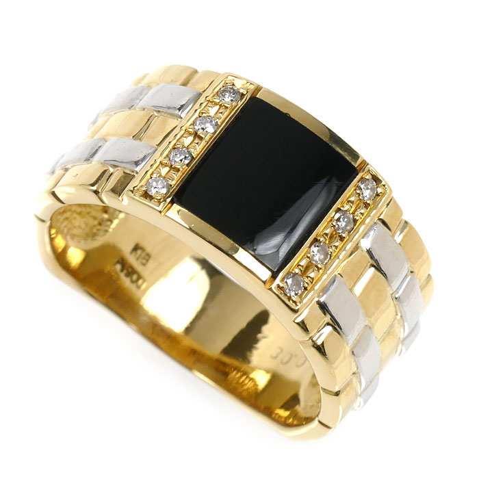 K18YG イエローゴールド Pt900プラチナ リング・指輪 オニキス ダイヤモンド0.08ct 21号 11.3g メンズ【中古】