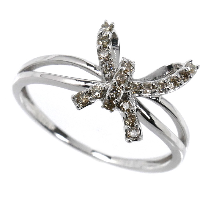 K18WG ホワイトゴールド リボン モチーフ リング・指輪 ダイヤモンド0.15ct 13.5号 1.9g レディース【中古】【美品】