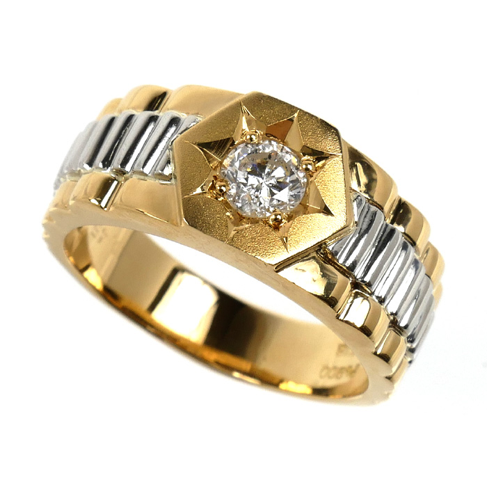 K18YG イエローゴールド Pt900プラチナ リング・指輪 ダイヤモンド0.45ct 21号 12.3g メンズ【中古】【美品】