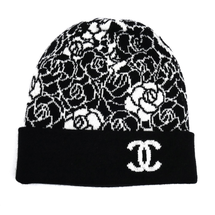 CHANEL シャネル カメリア ニットキャップ ブラック ホワイト AA9508 レディース【中古】【美品】