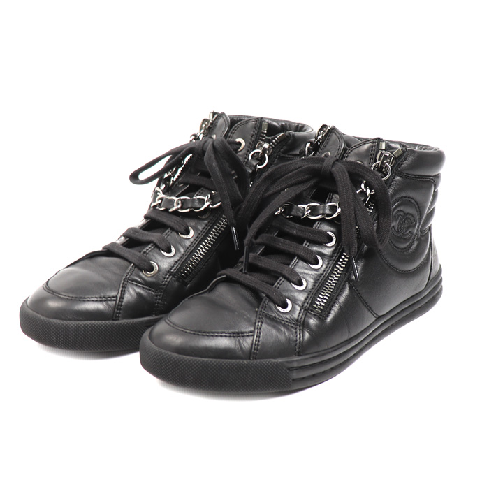 CHANEL シャネル レザー チェーン ハイカット  スニーカー ブラック 33 レディース【中古】