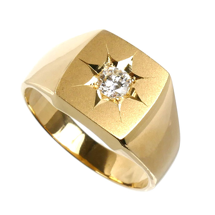 K18YG イエローゴールド 印台 リング・指輪 ダイヤモンド0.25ct 20号 11.1g メンズ【中古】【美品】