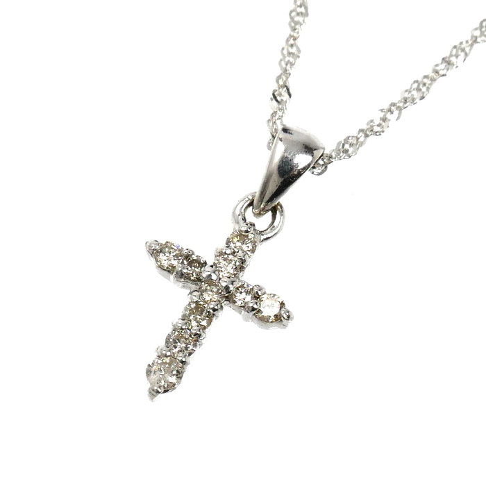 K18WG ホワイトゴールド クロス ネックレス ダイヤモンド0.10ct 1.2g 40cm レディース【中古】