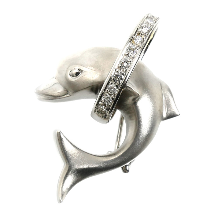 K18WG ホワイトゴールド イルカ ブローチ ダイヤモンド0.14ct 7.5g ペンダント レディース【中古】【美品】