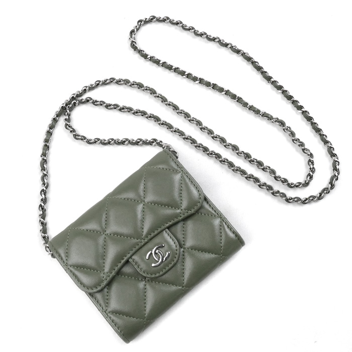 CHANEL シャネル クラシック チェーンクラッチ ショルダーバッグ カーキ AP0238 コインケース チェーンウォレット レディース【中古】