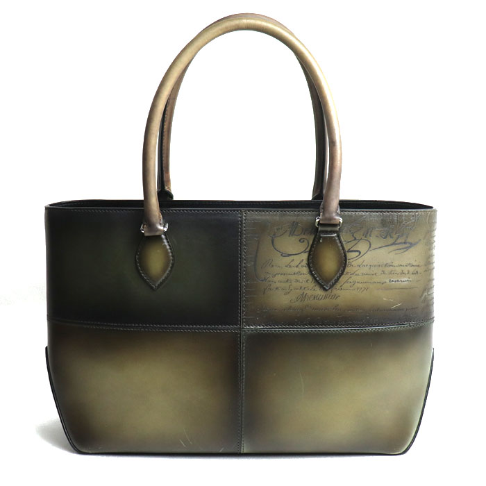 Berluti ベルルッティ トゥジュール ミニ カリグラフィ スクリット チェス パッチワークレザー トートバッグ カーキ 日本限定品 メンズ【中古】
