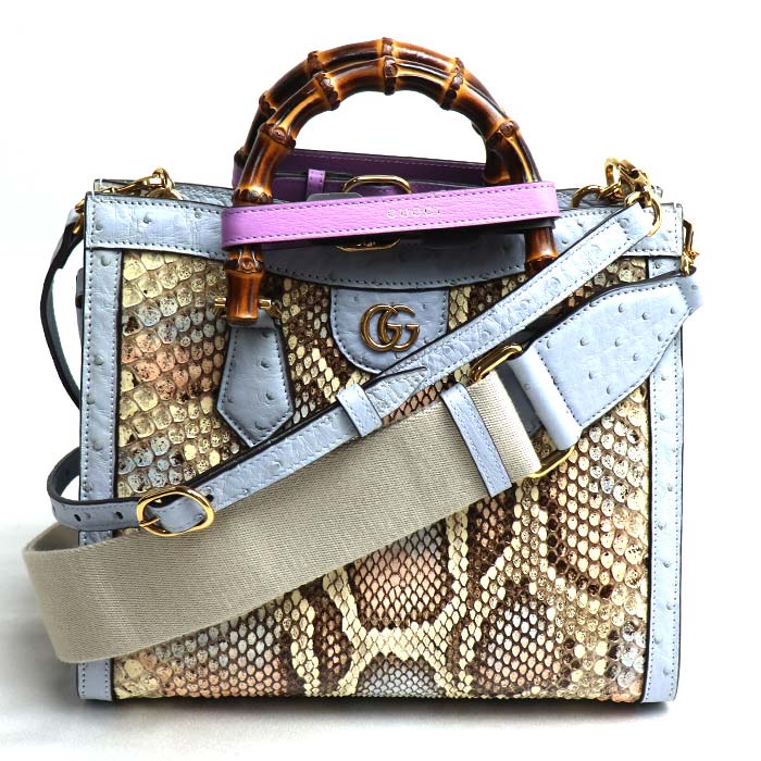 GUCCI グッチ ダイアナ スモールトート パイソン/オーストリッチ 2Wayショルダーバッグ ブルーグレー系 マルチ 702721 レディース【中古】【美品】