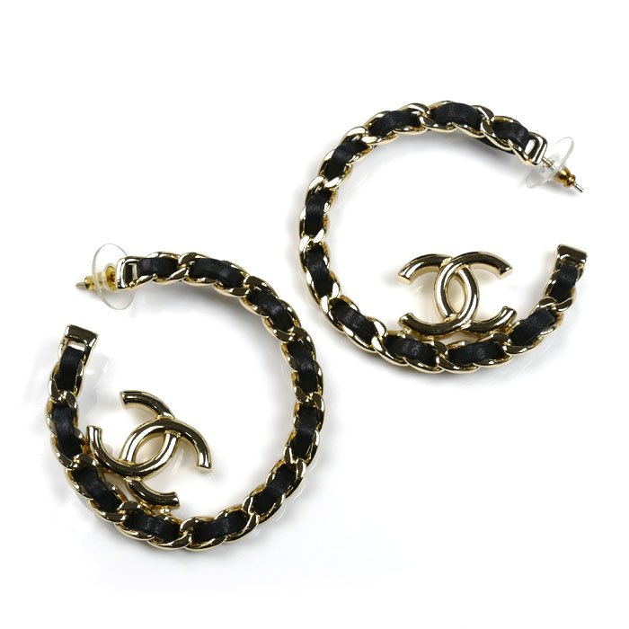 CHANEL シャネル レザー メタル ココマーク フープ ピアス AB7844 レディース【中古】