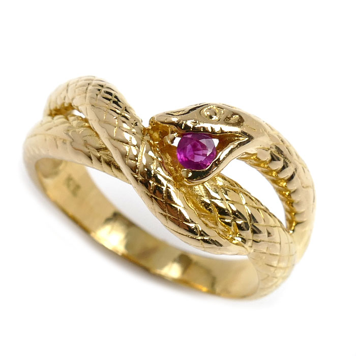 K18YG イエローゴールド ヘビ リング・指輪 ルビー 13号 4.5g レディース【中古】