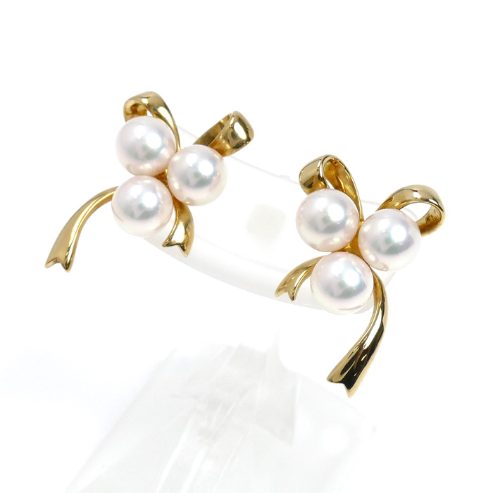 MIKIMOTO ミキモト K18YG イエローゴールド パール リボン ピアス アコヤパール約5.5mm 4.8g レディース【中古】