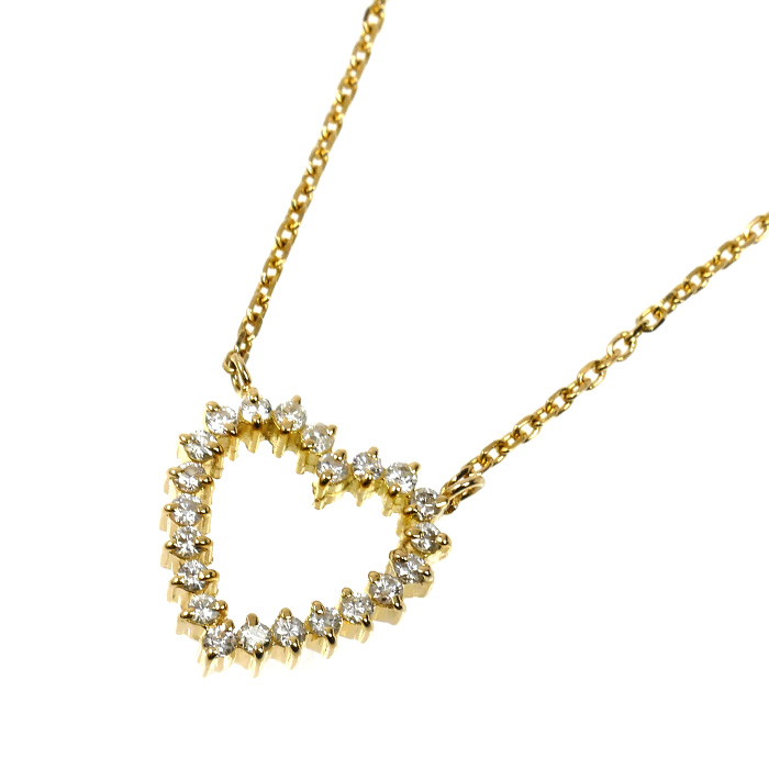 K18YG イエローゴールド オープンハート ネックレス ダイヤモンド0.30ct 3.3g 40cm レディース【中古】【美品】