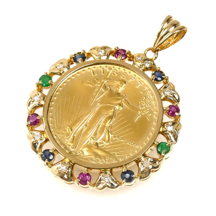 K22YG/K18YG イーグル金貨 1/40Z ペンダントトップ ダイヤモンド0.10ct 12.5g E・R・S入り １０ﾄﾞﾙ ユニセックス【中古】