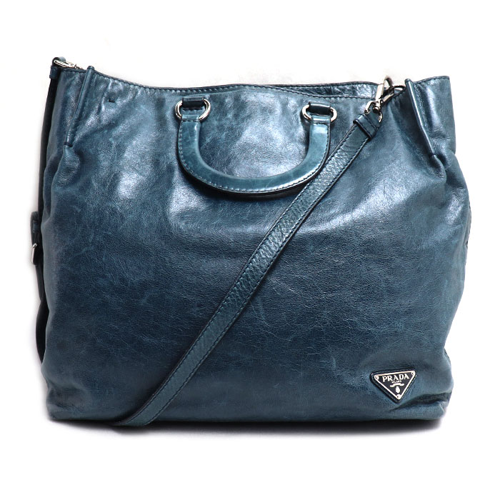 PRADA プラダ トライアングルロゴ レザー 2WAY トートバッグ 2Wayショルダーバッグ グリーンブルー  BR4617 ユニセックス【中古】