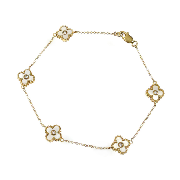 K18YG イエローゴールド マザーオブパール ブレスレット ダイヤモンド0.15ct 3.7g 17.5cm レディース【中古】