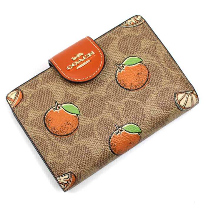 COACH コーチ ミディアム コーナージップ オレンジプリント 二つ折り財布 タンマルチ CAP04 アウトレット レディース【中古】