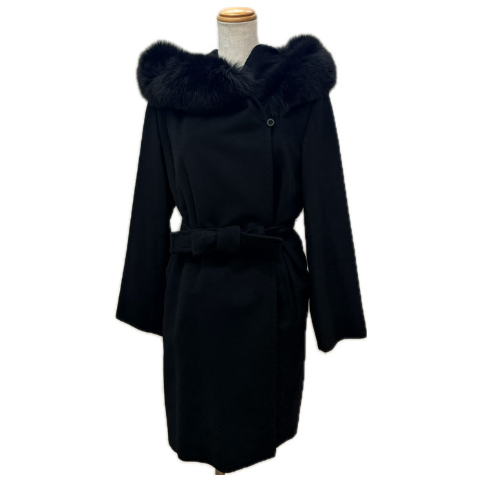 MAX MARA マックスマーラ STUDIO MANGO コート ブラック 708401700005 36 フォックスファーフード レディース【中古】【美品】