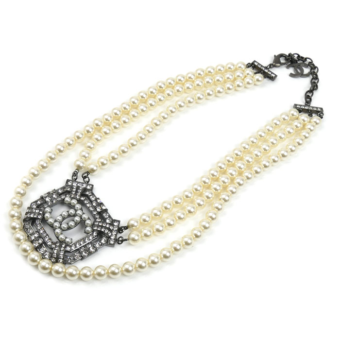 CHANEL シャネル メタル ココマーク 3連レジンパール チョーカー ネックレス 41〜48cm レディース【中古】