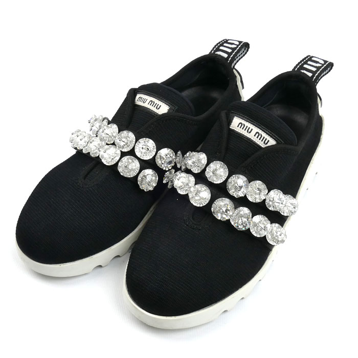 MIUMIU ミュウミュウ ビジュー付き 厚底スニーカー スニーカー ブラック 36 1/2 レディース 607【中古】