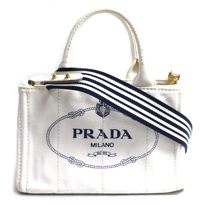 PRADA プラダ カナパトート 2Wayショルダーバッグ ホワイト ネイビー 1BG439 ZKI F0UB0 レディース【中古】
