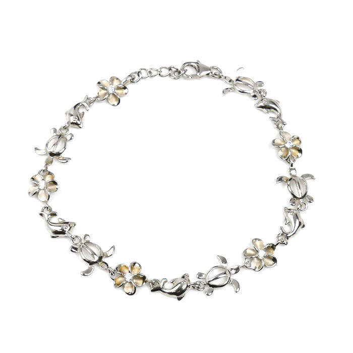 million-bell シルバー925 ホヌ プルメリア ドルフィン ブレスレット SBR-3608 キュービックジルコニア 4.9g  ハワイアンジュエリー レディース【中古】【美品】