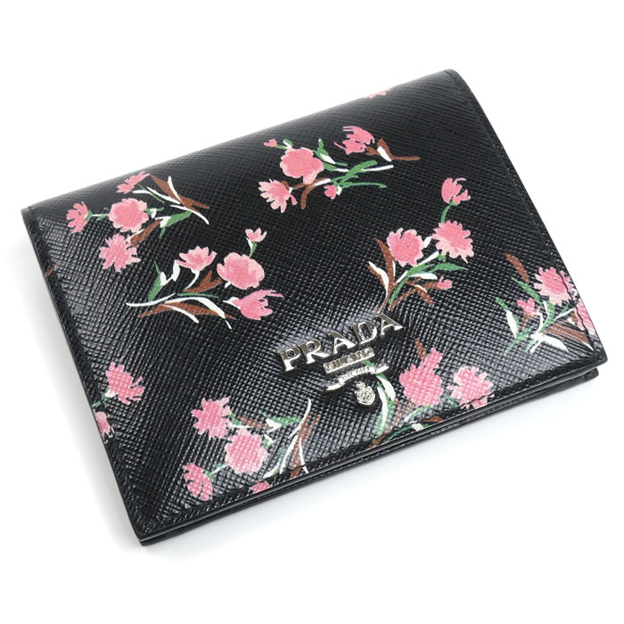 PRADA プラダ サフィアーノ フラワーブーケ 二つ折り財布 ブラック 1MV204 レディース【中古】