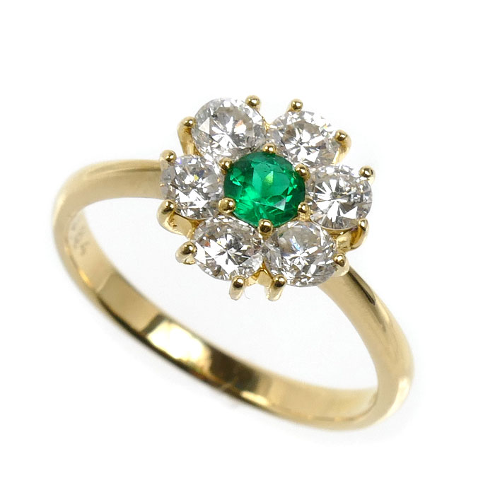 K18YG イエローゴールド リング・指輪 エメラルド0.17ct ダイヤモンド0.84ct 12.5号 2.7g レディース【中古】【美品】