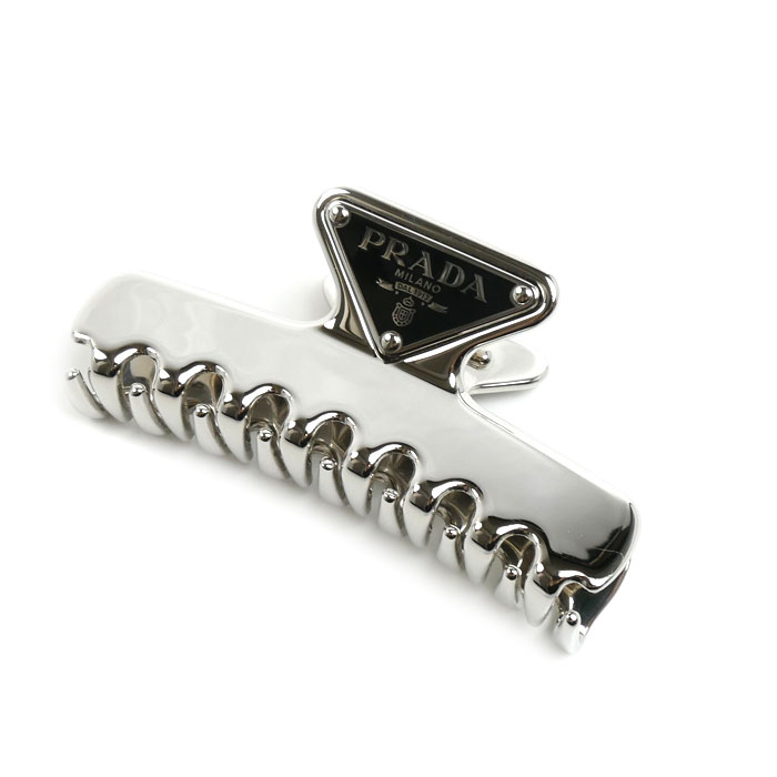 PRADA プラダ トライアングルロゴ メタルクリップ ヘアクリップ シルバー 1IF103_2BA6_F0276 レディース【中古】