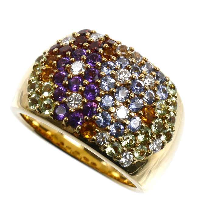 K18YG イエローゴールド リング・指輪 ペリドット0.48ct サファイア0.68ct ダイヤモンド0.28ct 15号 17.4g レディース【中古】【美品】