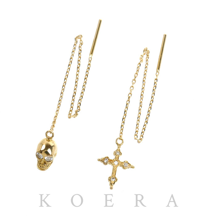 Loree Rodkin ローリーロドキン K18YG イエローゴールド AMERICAN GOTHIC CROSSス&AMERICAN SKULL ピアス 01PLH001/01PLH004 ダイヤモンド 1.8g アメリカン レディース【中古】