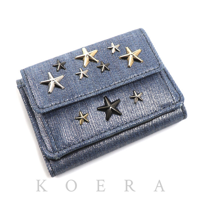 JIMMY CHOO ジミーチュウ NEMO  スタースタッズ 三つ折り財布 ブルーメタリック レディース【中古】【美品】