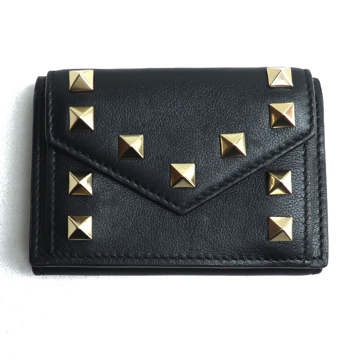Valentino Garavani ヴァレンティノ・ガラヴァーニ ロックスタッズ スモールウォレット 三つ折り財布 ブラック TW2P0Q47NTD レディース【中古】