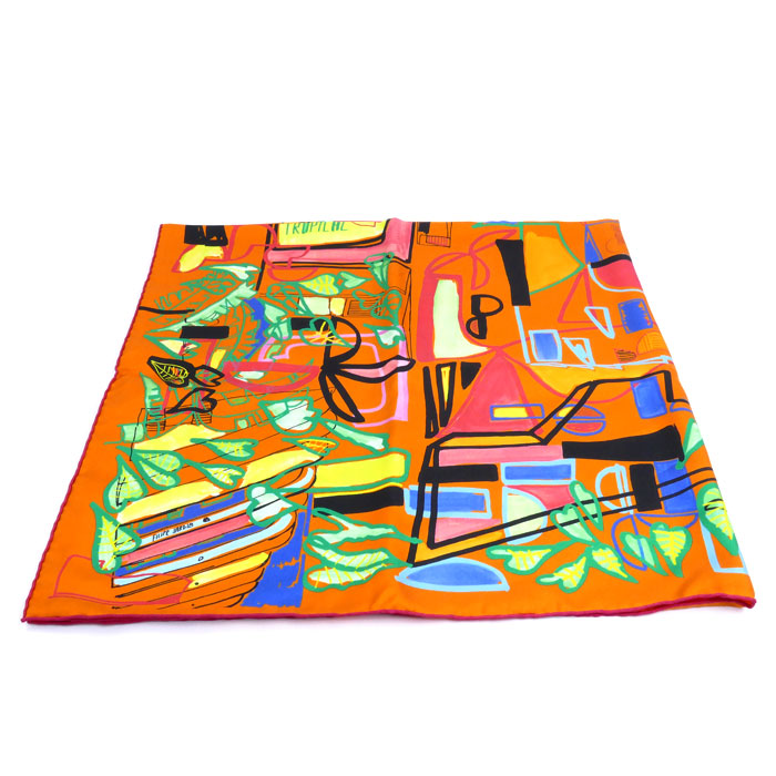 HERMES エルメス MODERNISME TROPICAL 熱帯のモダニズム カレ90 スカーフ オレンジ レディース【中古】【美品】