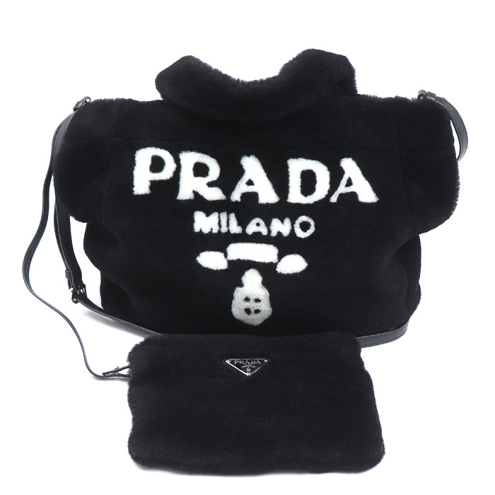 PRADA プラダ シアリング ファー ロゴ トートバッグ ブラック ホワイト 1BG374 2EC9 F0967 レディース【中古】【美品】