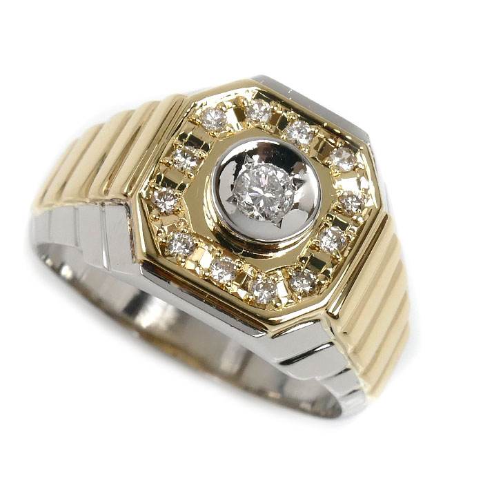 Pt900プラチナ K18YG イエローゴールド 印台 リング・指輪 ダイヤモンド0.30ct 22号 12.2g メンズ【中古】