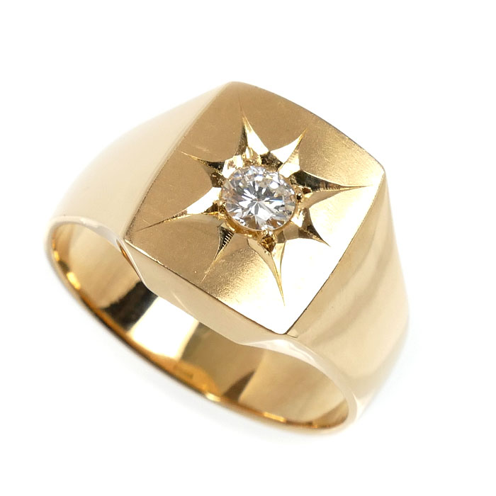 K18YG イエローゴールド 印台 リング・指輪 ダイヤモンド0.20ct 20号 12.1g メンズ【中古】【美品】