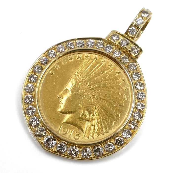 K18YG イエローゴールド K21.6 インディアンコイン 10ﾄﾞﾙ ペンダントトップ ダイヤモンド3.70ct 26.9g 1913 メンズ【中古】