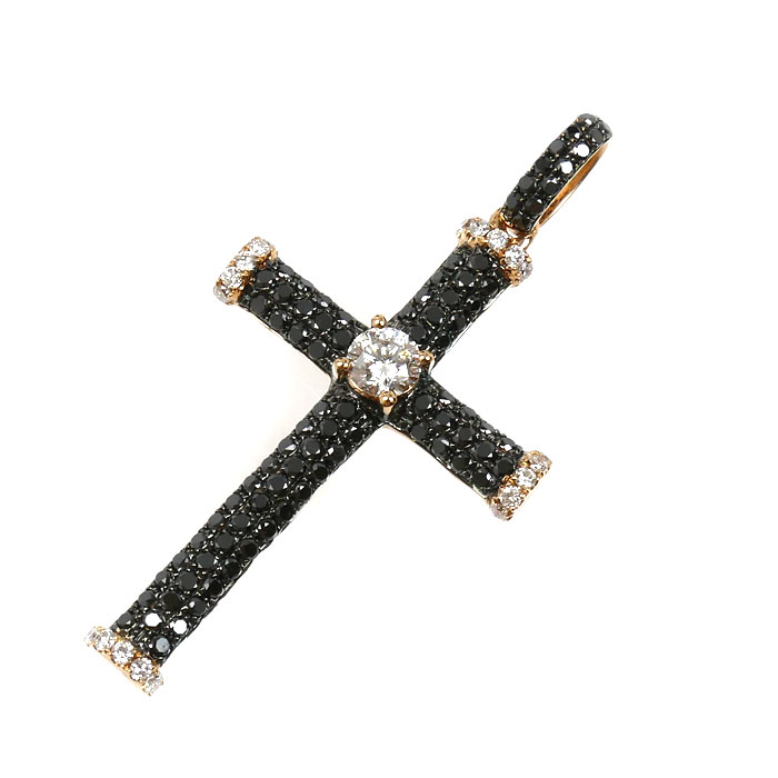 K18PG ピンクゴールド クロス  ペンダントトップ ダイヤモンド0.226ct/0.13ct ブラックダイヤモンド0.66ct 3.5g ユニセックス【中古】【美品】