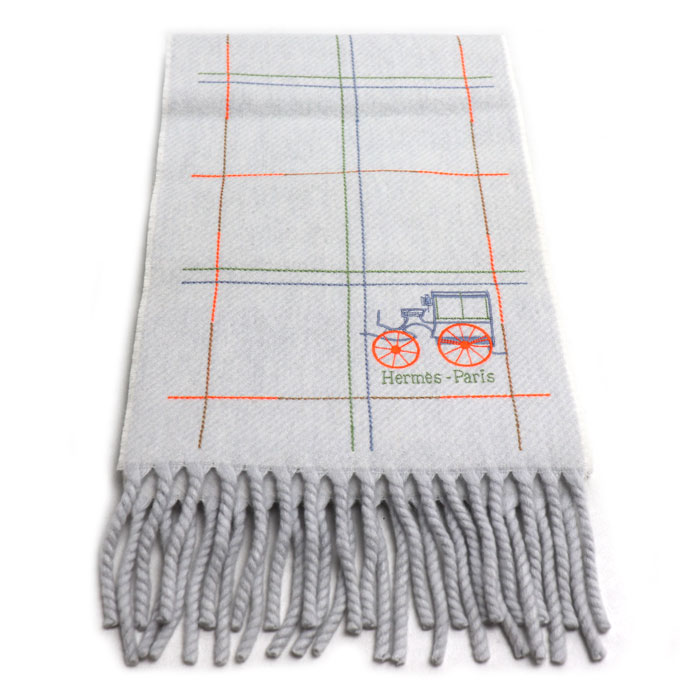 HERMES エルメス グラン・ブロデ・ベルリンヌ マフラー グレー グリ・デュ・ノール H259149S 01 レディース【中古】【美品】